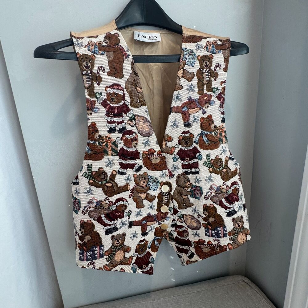 Vintage Facets Santa Teddy Bear Tapestry Vest Women's L Embroidered Christmas